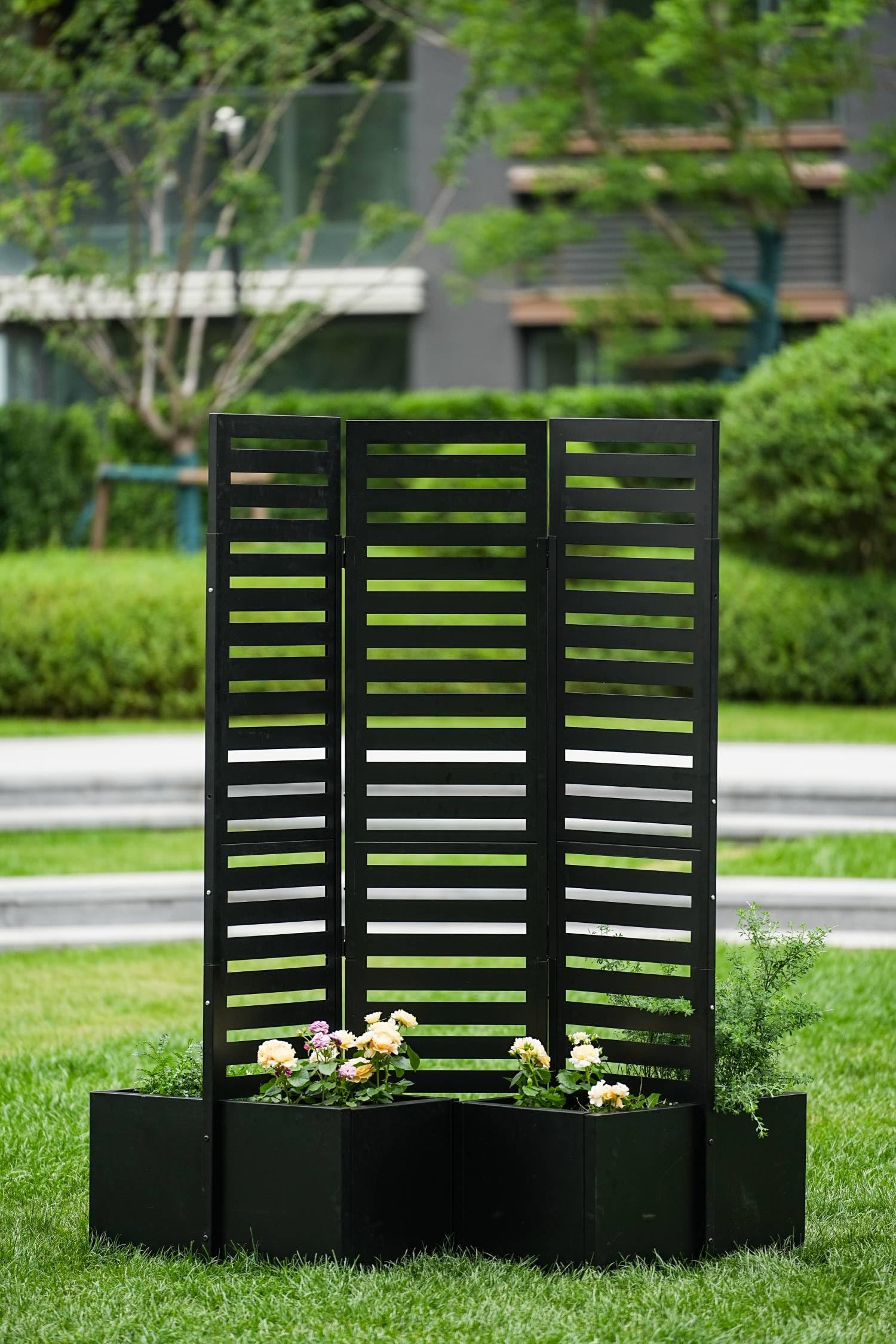 Paravent métallique Garvee avec jardinière, clôture de jardin en 3 parties pour terrasse et jardin, robuste, pliable, auto-drainante, cadre en métal