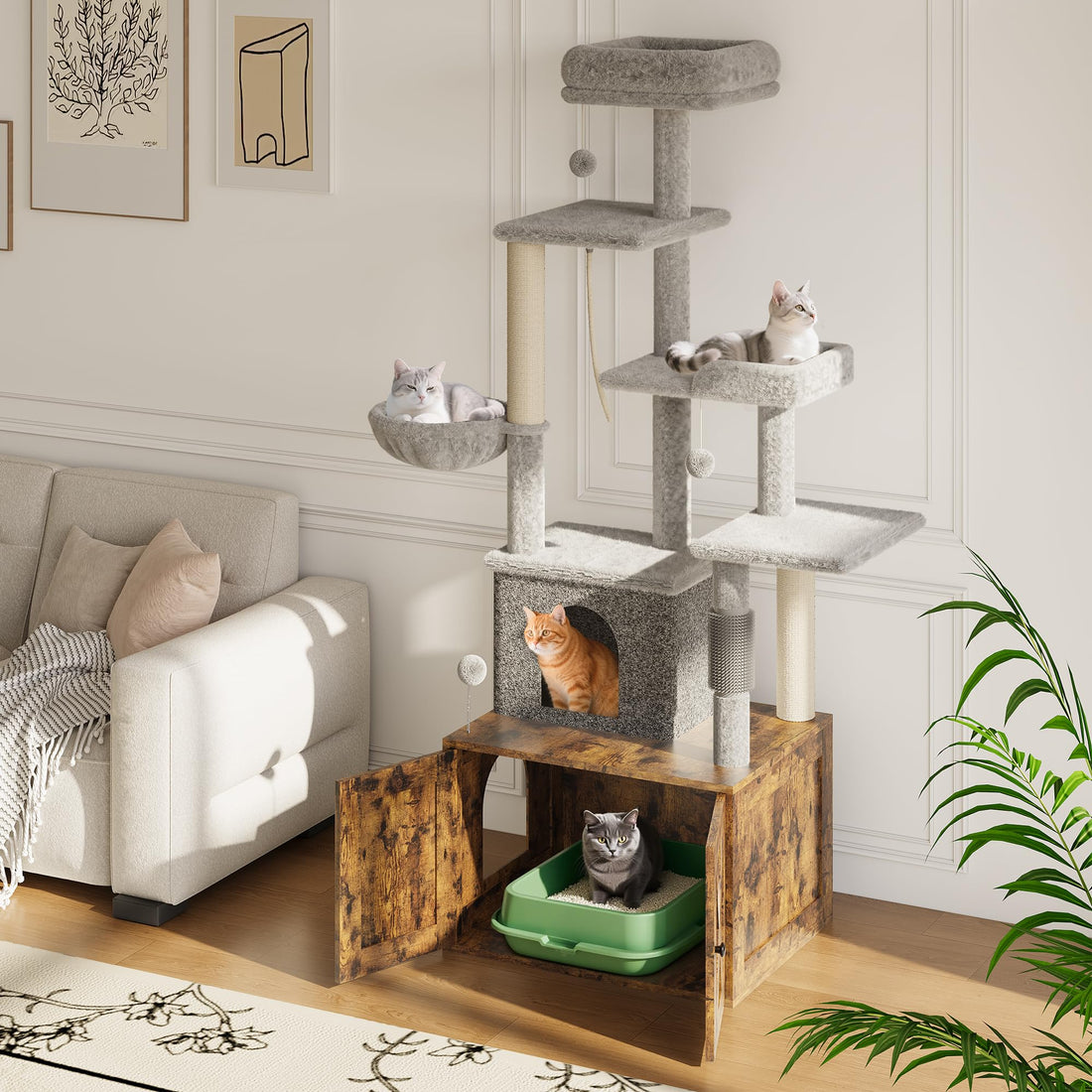 Garvee Meuble Cache Litière Chat 2-en-1 avec Arbre à Chat et Espace Litière, Design en Bois Rustique Marron, Gain de Place pour Intérieur
