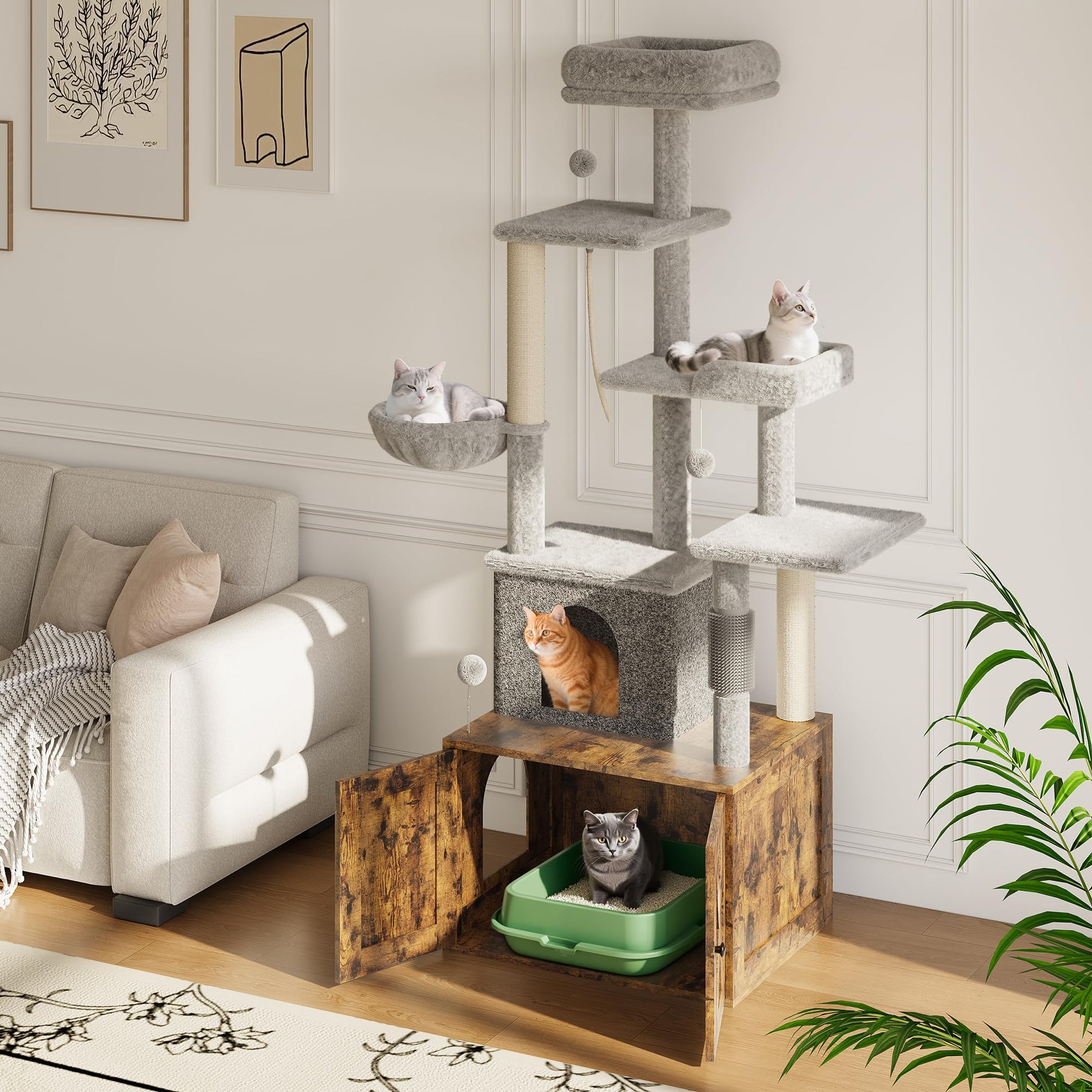 Meuble pour chat Garvee 2-en-1 avec arbre à chat et cachette pour litière, bois moderne, brun rustique, usage intérieur, gain de place, confortable