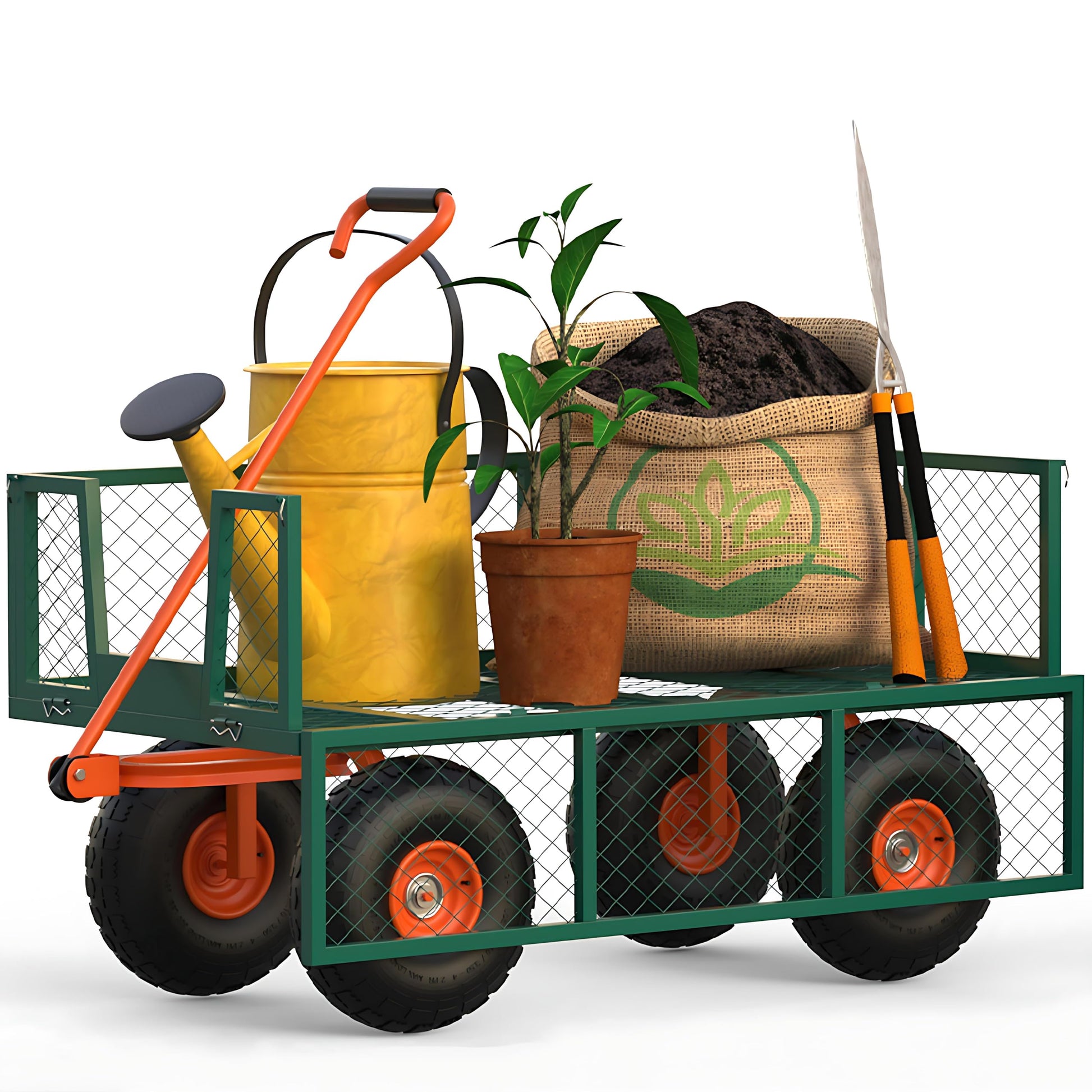 Garvee Chariot de jardin en acier robuste, charge 227 kg, ridelles amovibles, pneus tout-terrain de 25 cm et poignée pivotante, vert et orange