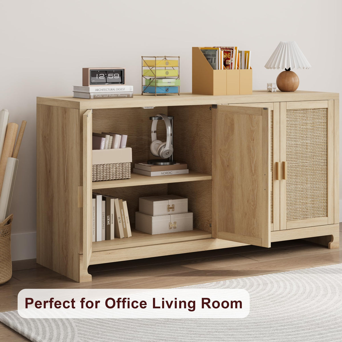 Garvee meuble de rangement 102 cm style bohème moderne avec portes en rotin tressé, étagère réglable pour le salon et la cuisine, blanc et marron, compact