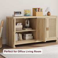 Garvee meuble de rangement 102 cm style bohème moderne avec portes en rotin tressé, étagère réglable pour le salon et la cuisine, blanc et marron, compact
