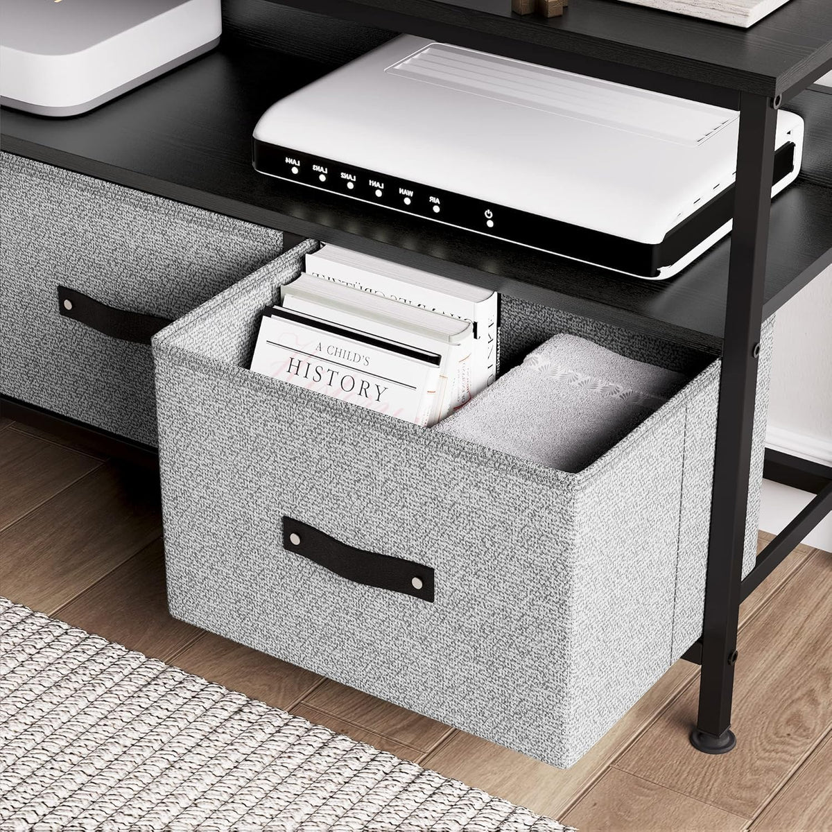 Garvee Meuble TV 99 cm pour téléviseurs jusqu'à 127 cm avec 2 tiroirs en tissu et une étagère ouverte, pour salon et chambre, structure en métal noir, plateau en bois, pieds réglables