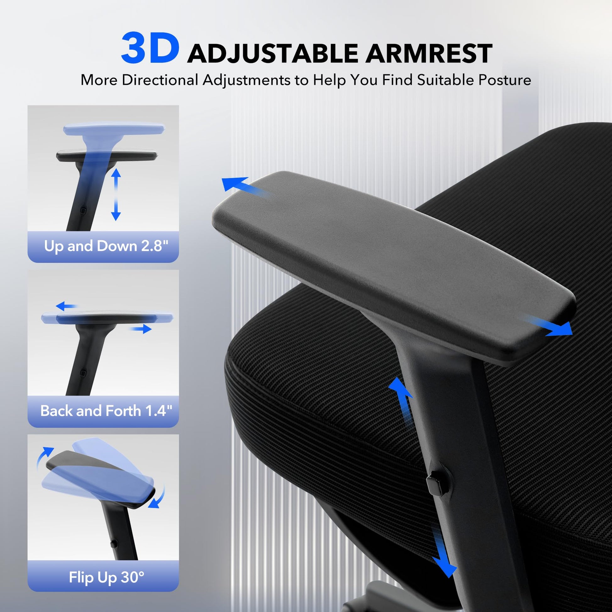 Chaise de bureau ergonomique Garvee en maille avec repose-pieds et soutien lombaire réglables, idéale pour le bureau et le gaming. Structure en métal, noire, réglable.