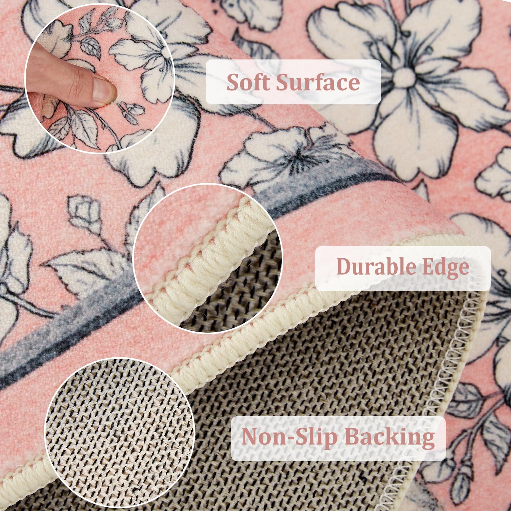 Tapis de salon lavable Garvee, motif floral vintage, poils courts, antidérapant, doux, grand format 160 x 230 cm, rose