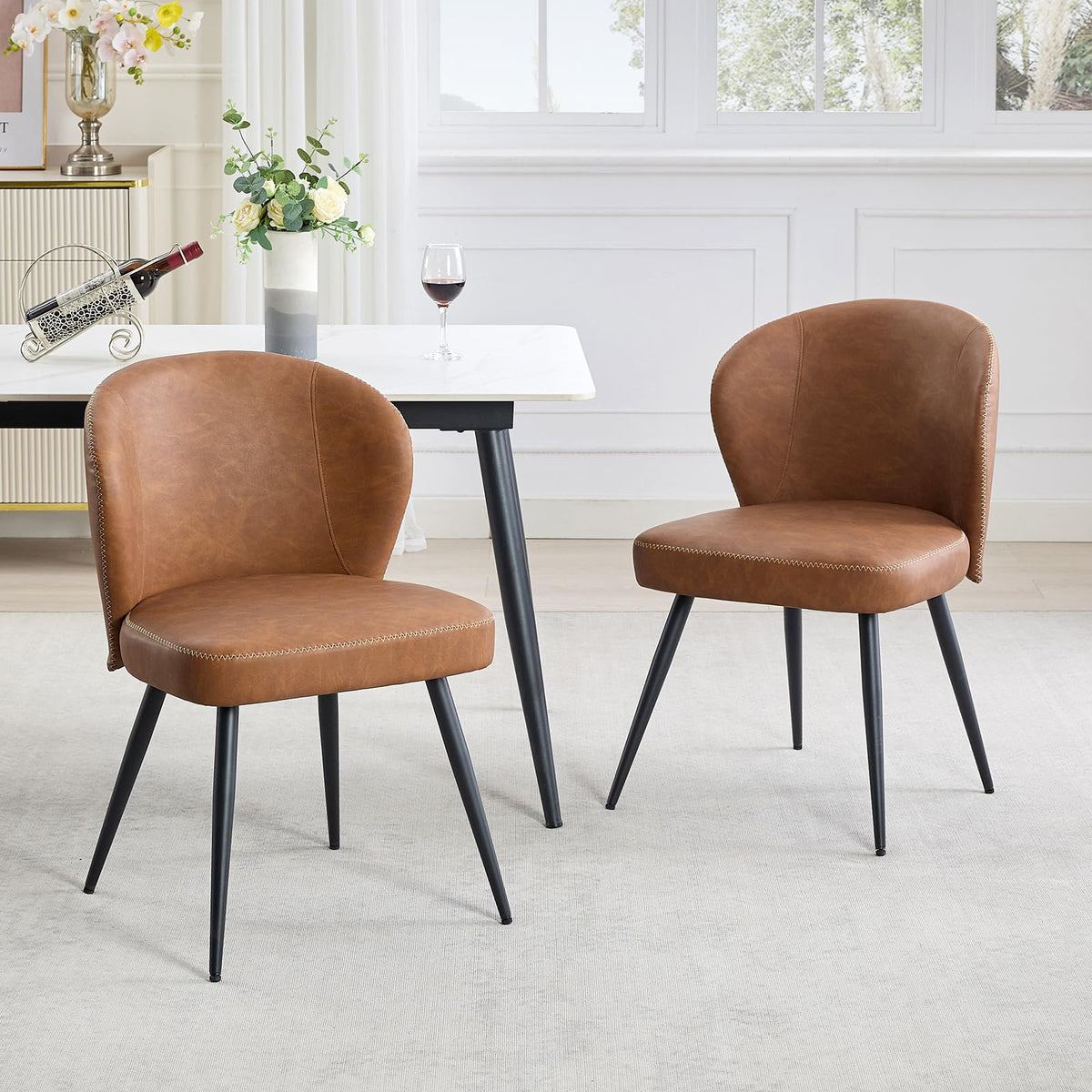Garvee Ensemble de 2 chaises de salle à manger , rembourrées, avec pieds en acier et dossier haut en cuir, pour la cuisine et la salle à manger, 59 cm, Brun