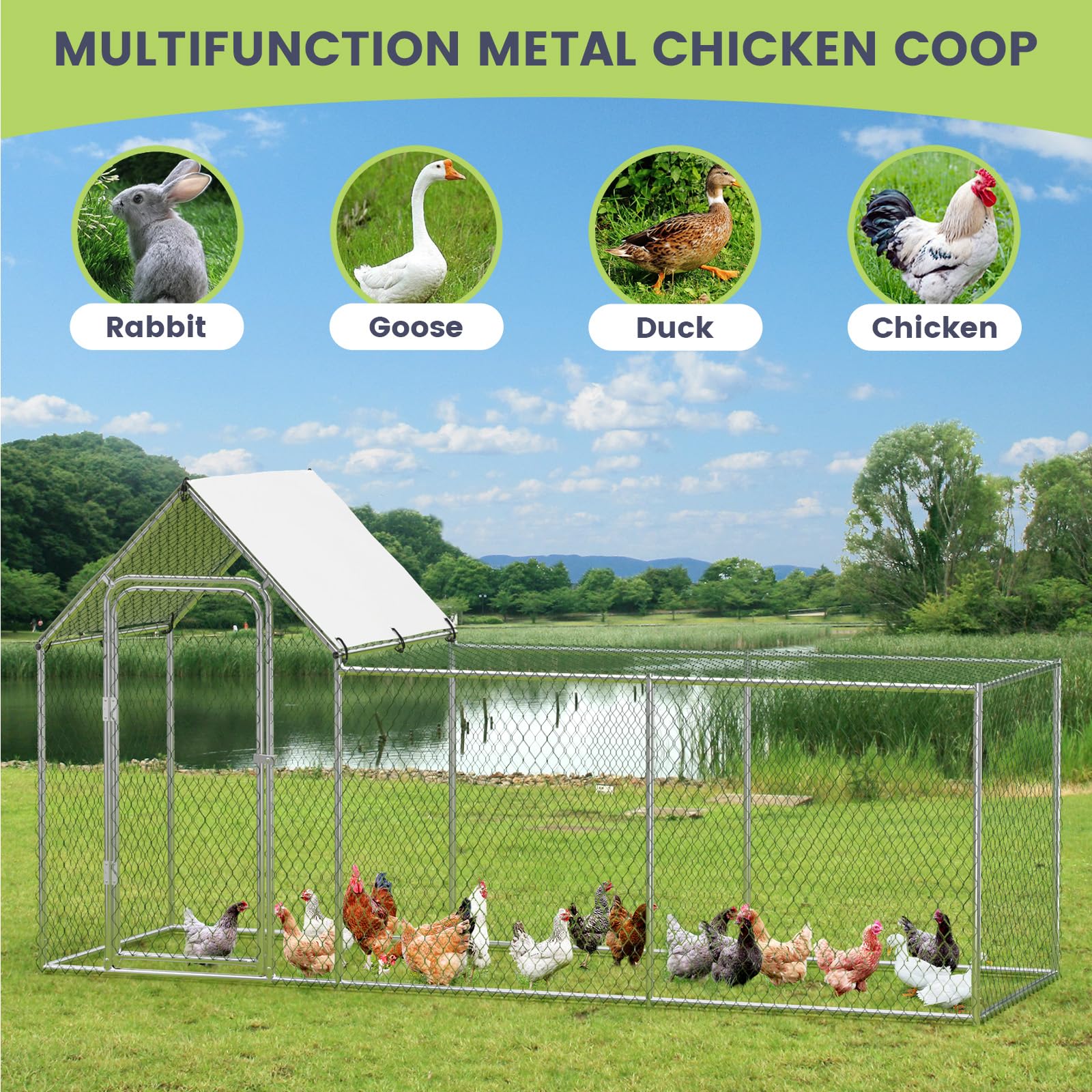 Poulailler Garvee grand format en métal avec protection UV et imperméabilité, structure en acier robuste, verrouillage sécurisé, revêtement PVC pour poules et lapins d'extérieur, gris.