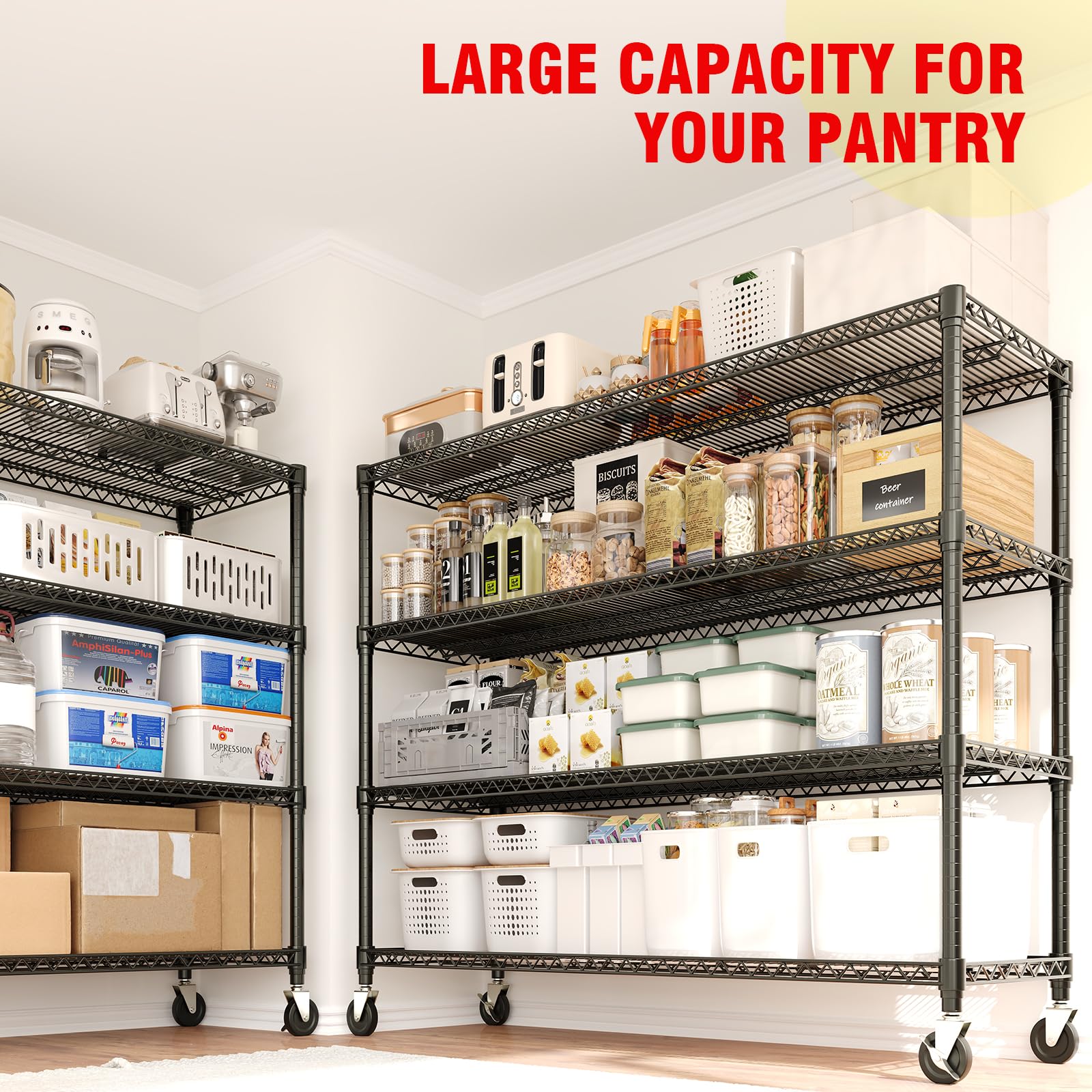 Étagère robuste Garvee 71 po H, capacité de 2 640 lb, 4 niveaux, acier, roulettes et pieds, pour garage et entrepôt, 59 po L x 17,7 po P, grise