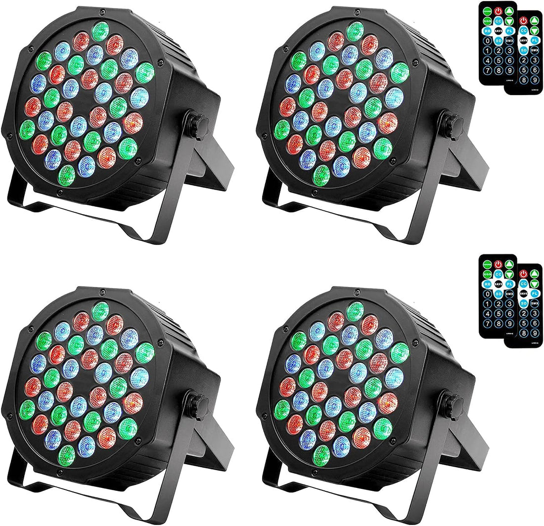 Lot de 4 projecteurs LED GARVEE RGB 36 LED DMX512 activés par le son, support métallique, protection IP20, noir compact, idéal pour soirées disco et scènes.