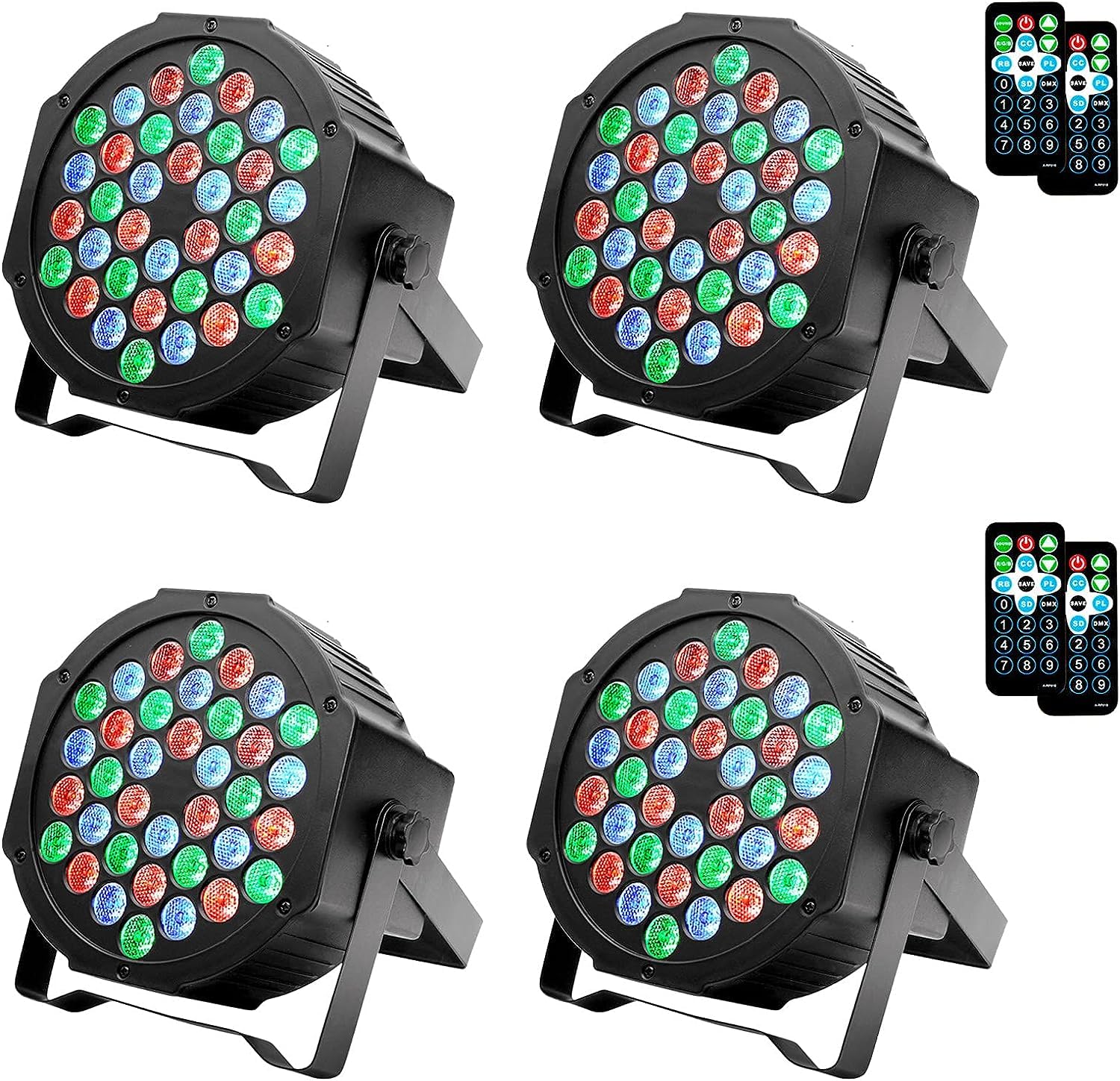 Lot de 4 projecteurs LED GARVEE RGB 36 LED DMX512 activés par le son, support métallique, protection IP20, noir compact, idéal pour soirées disco et scènes.