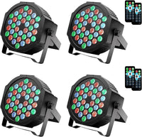 Lot de 4 projecteurs LED GARVEE RGB 36 LED DMX512 activés par le son, support métallique, protection IP20, noir compact, idéal pour soirées disco et scènes.