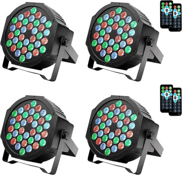 Lot de 4 projecteurs LED GARVEE RGB 36 LED DMX512 activés par le son, support métallique, protection IP20, noir compact, idéal pour soirées disco et scènes.