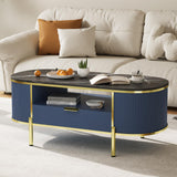 Garvee table basse ovale effet marbre, façade cannelée, largeur 122 cm, bleu marine - Bleu marine