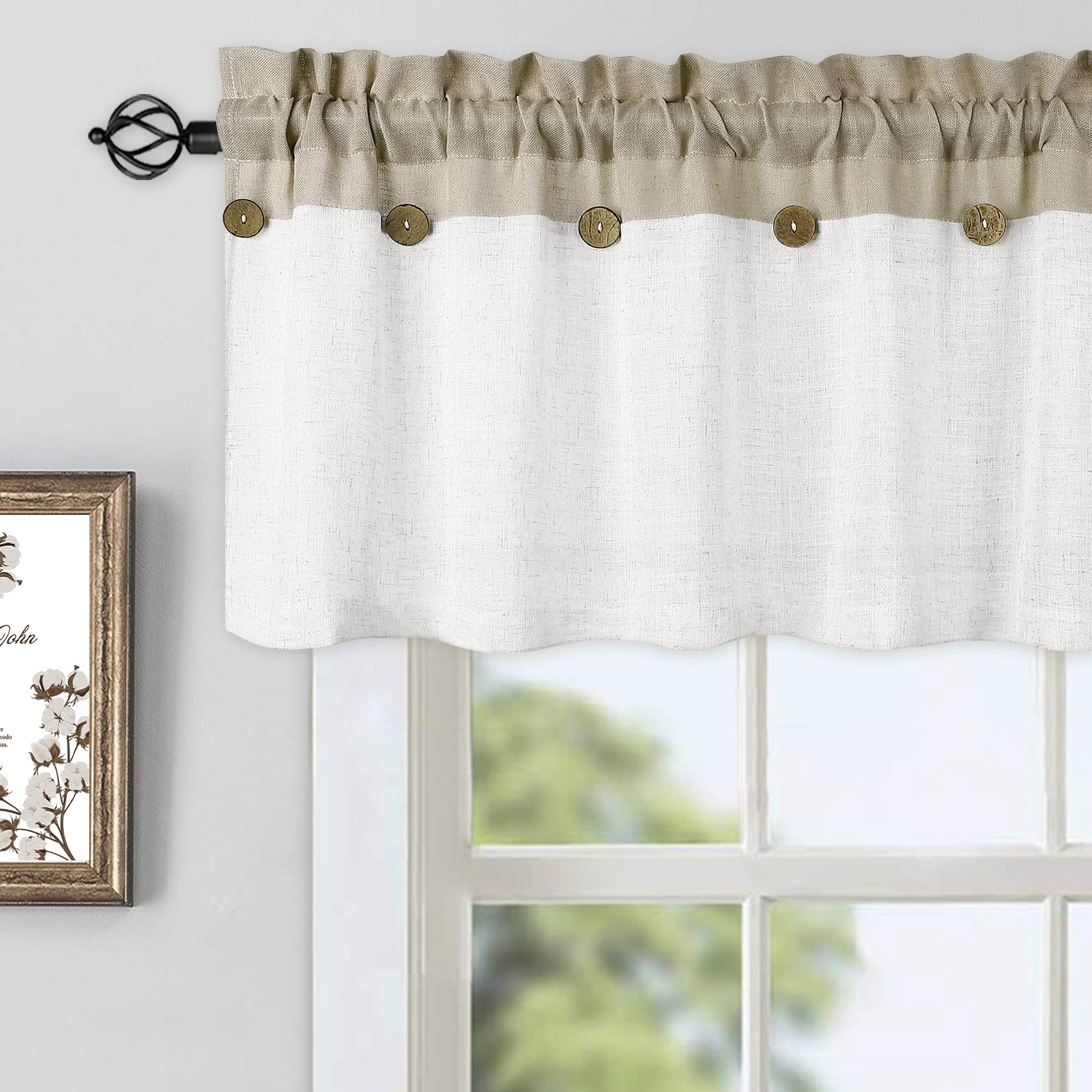 Rideau court patchwork Garvee Vitrage avec boutons décoratifs, semi-transparent, beige, 132 x 38 cm, pour cuisine