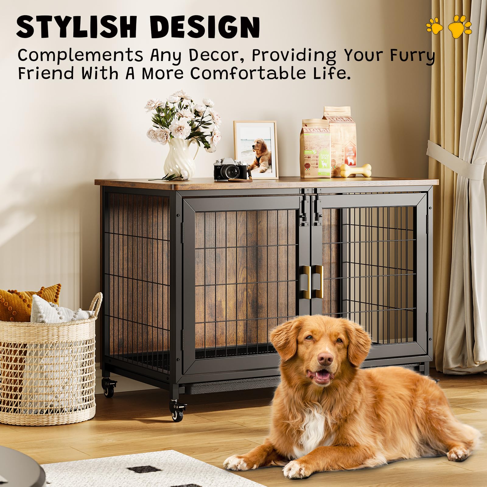 Niche pour chien Garvee de 95 cm (37,5 pouces) avec roulettes, fond grillagé, plateau amovible pour chiens de petite et moyenne taille, style ferme d'intérieur, aspect bois, structure en acier robuste.