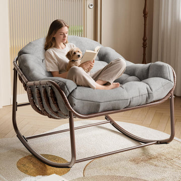 Garvee Fauteuil œuf à bascule intérieur extérieur, grand format, rotin effet naturel, coussin rembourré en oléfine résistante, jardin et patio, marron