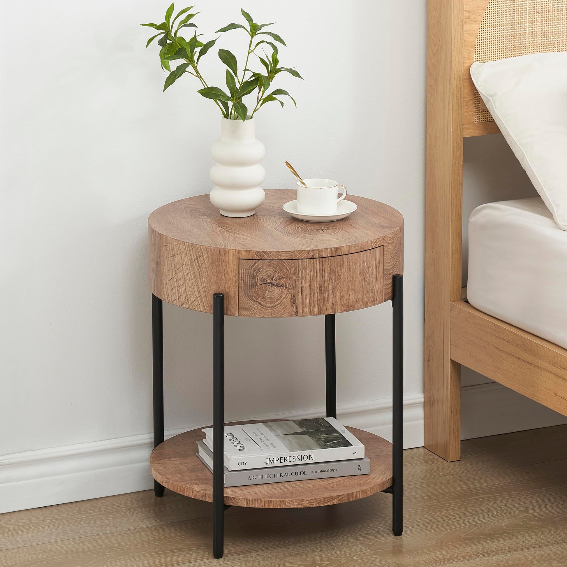 Table d'appoint ronde Garvee en bois avec tiroir, structure en métal, style vintage pour salon et chambre, 50 cm, marron