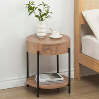 Table d'appoint ronde Garvee en bois avec tiroir, structure en métal, style vintage pour salon et chambre, 50 cm, marron