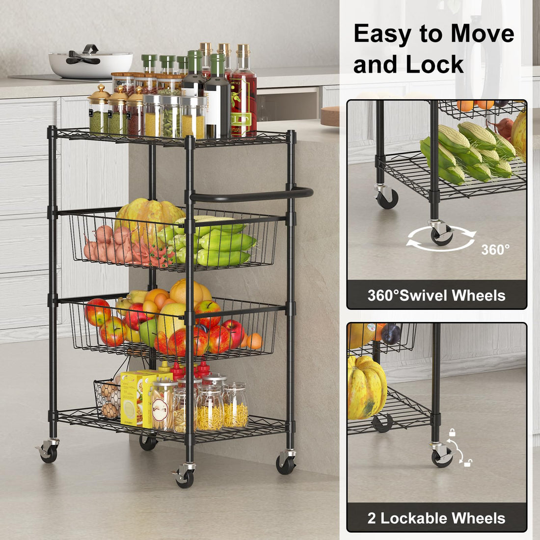 Garvee chariot de cuisine à 4 niveaux en métal avec poignée, capacité de charge de 50 kg, étagères grillagées ouvertes, 2 roues verrouillables, usage polyvalent, métal, argent