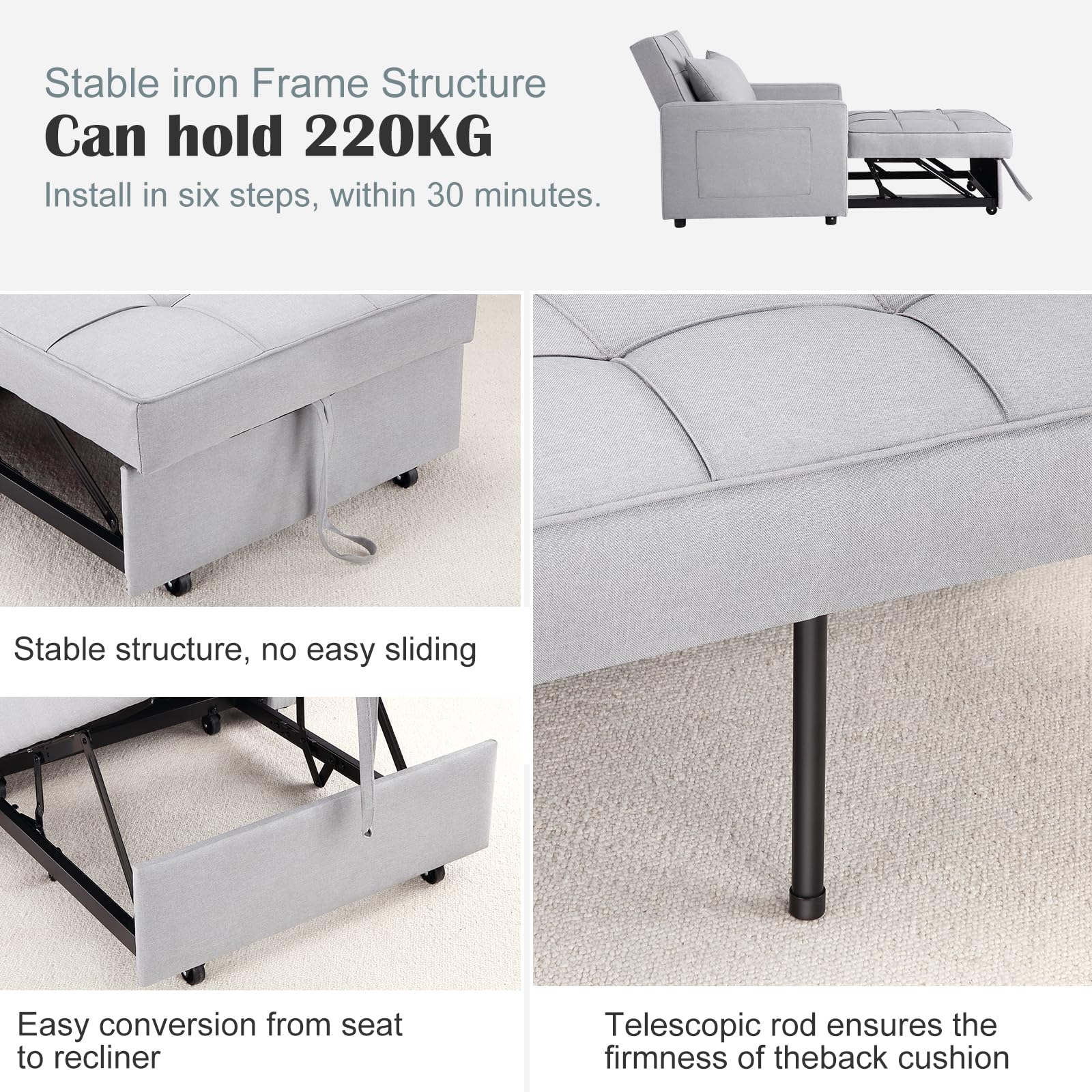 Canapé-lit/fauteuil convertible 3 en 1 Garvee, revêtement en lin, 192 x 96 x 59 cm, gris clair