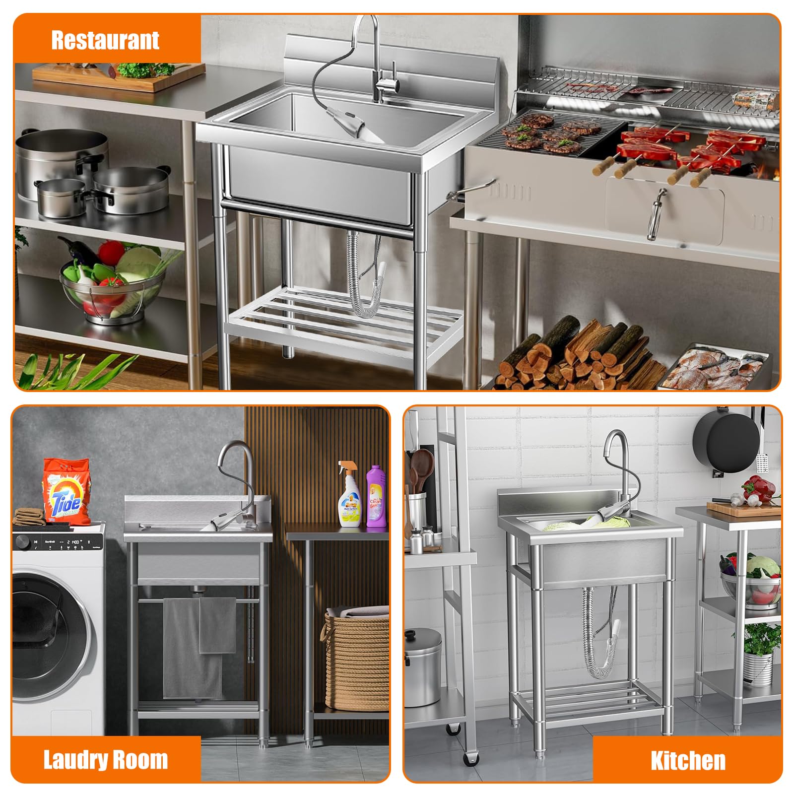 Évier utilitaire Garvee en acier inoxydable 304 avec mitigeur thermostatique, pose libre, pour cuisine et extérieur, 20 x 20 x 34 cm, couleur argent.