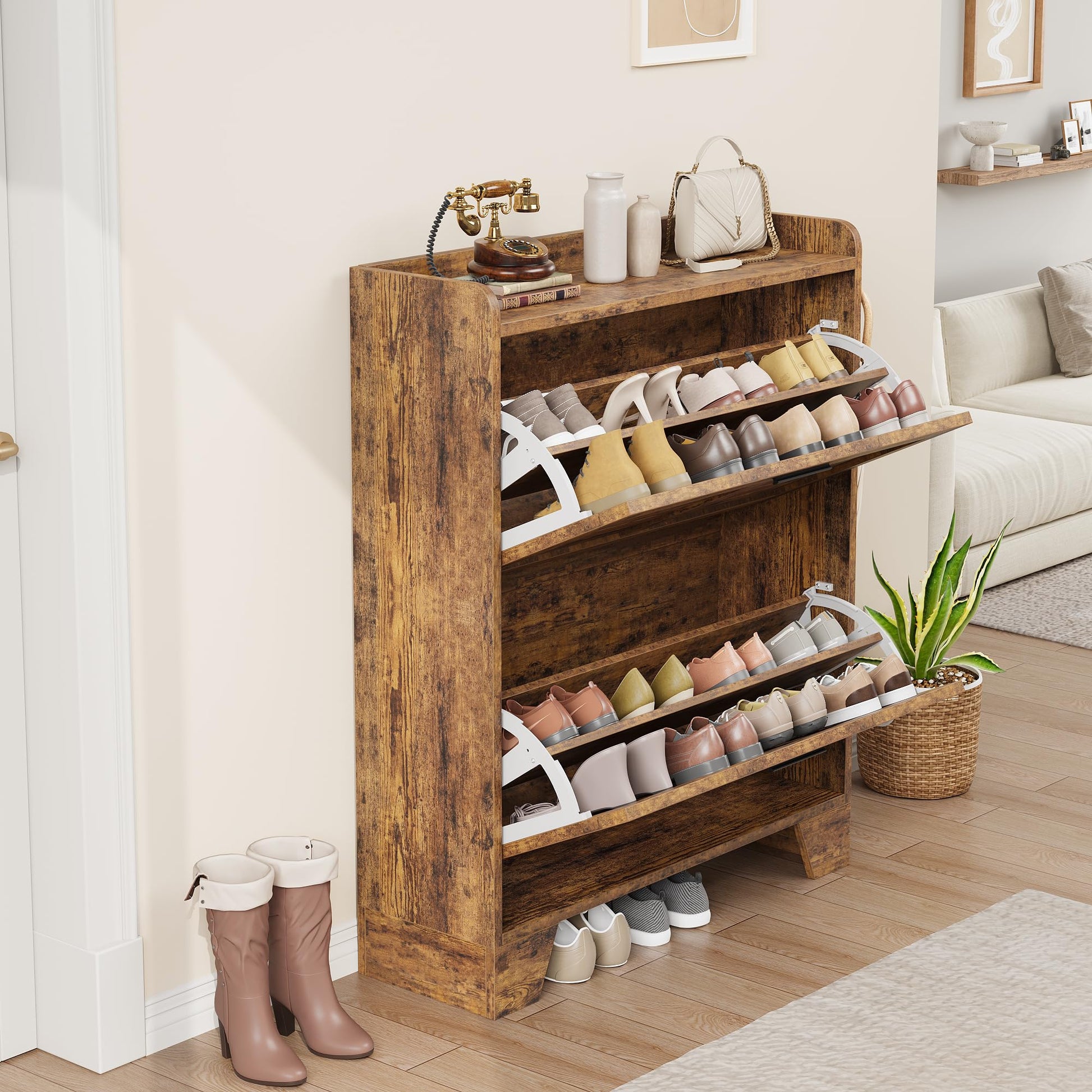 Meuble à chaussures Garvee pour entrée avec 2 tiroirs abattants, organisateur de chaussures étroit en bois P2, ventilé, résistant aux rayures, avec crochets pour entrée et garage, 35 cm, couleur bois