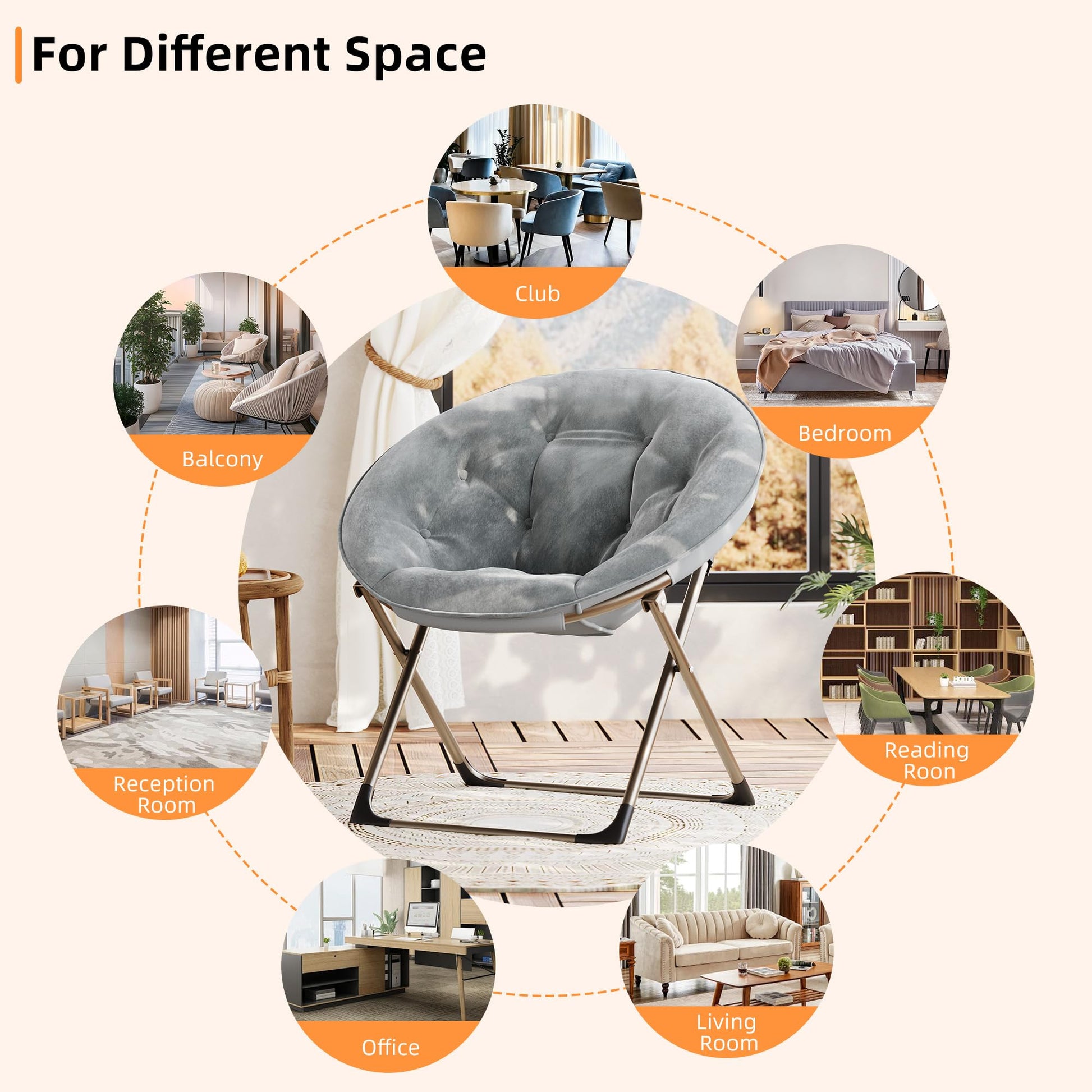 Fauteuil lunaire Garvee Saucer avec structure métallique pliable, coussin floral surdimensionné en peluche, confortable et stable pour la chambre et le salon, gris