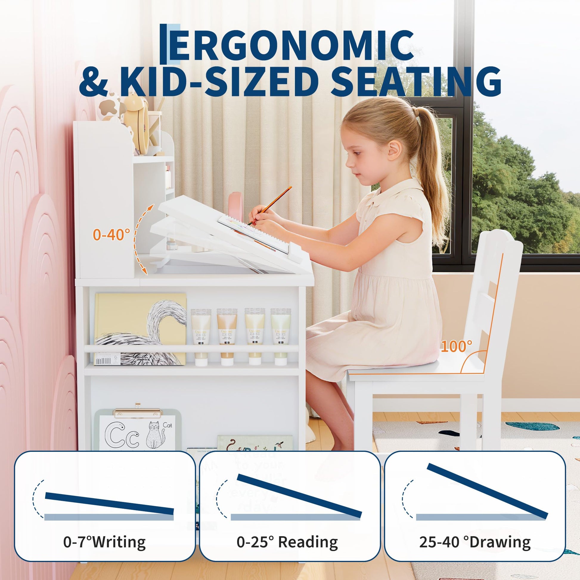 Garvee Bureau enfant ergonomique avec chaise, plateau inclinable et meuble de rangement, blanc, idéal pour étude, devoirs et activités créatives