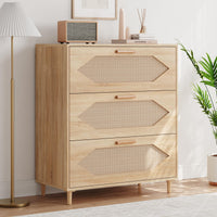 Commode 3 tiroirs Garvee en rotin, idéale pour la chambre, le salon et l'entrée. Grande capacité de rangement, imperméable, en MDF. Style moderne, marron.