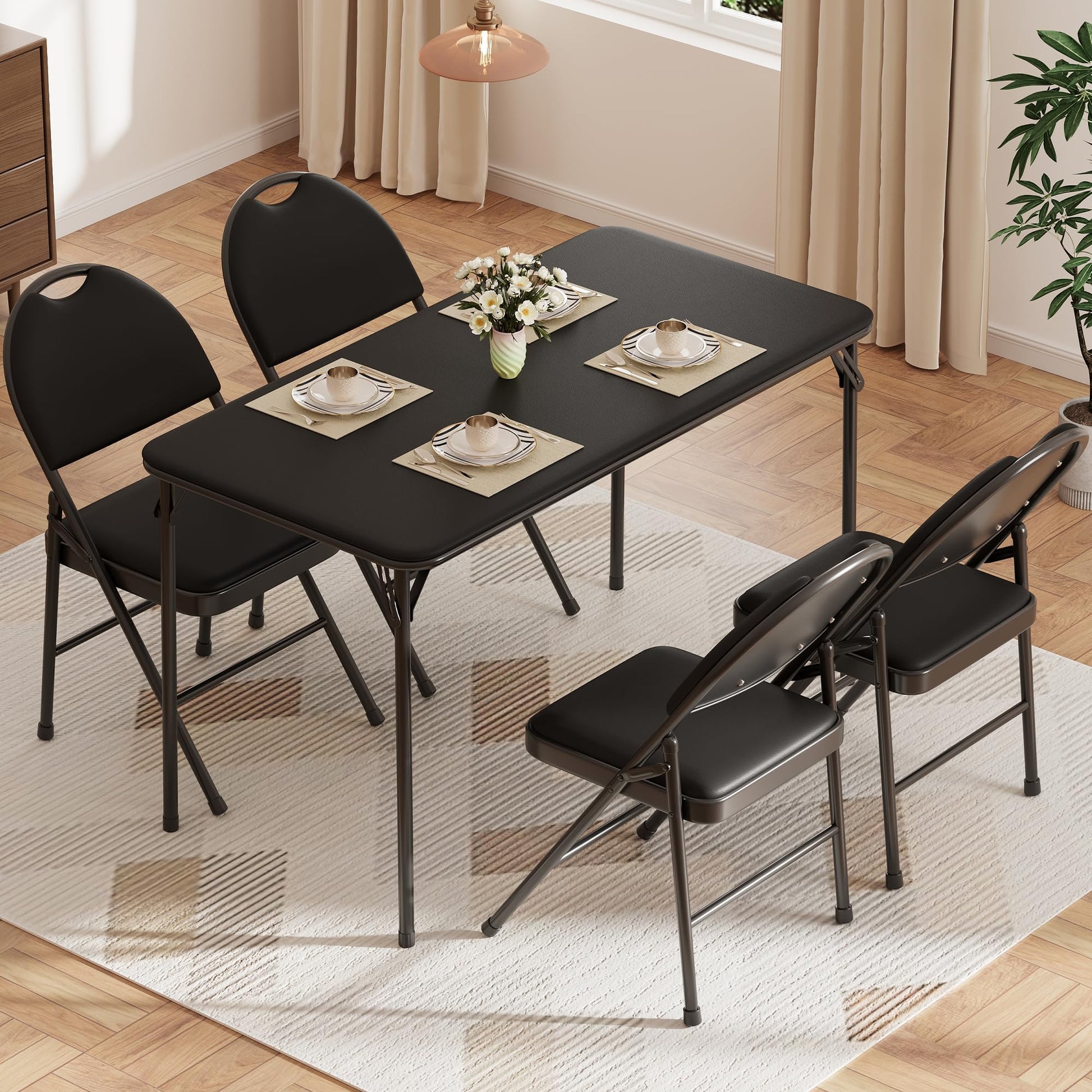 Table pliante Garvee à 4 pieds avec pieds en métal, plateau en cuir PU, robuste pour une utilisation intérieure et extérieure, noire, gain de place