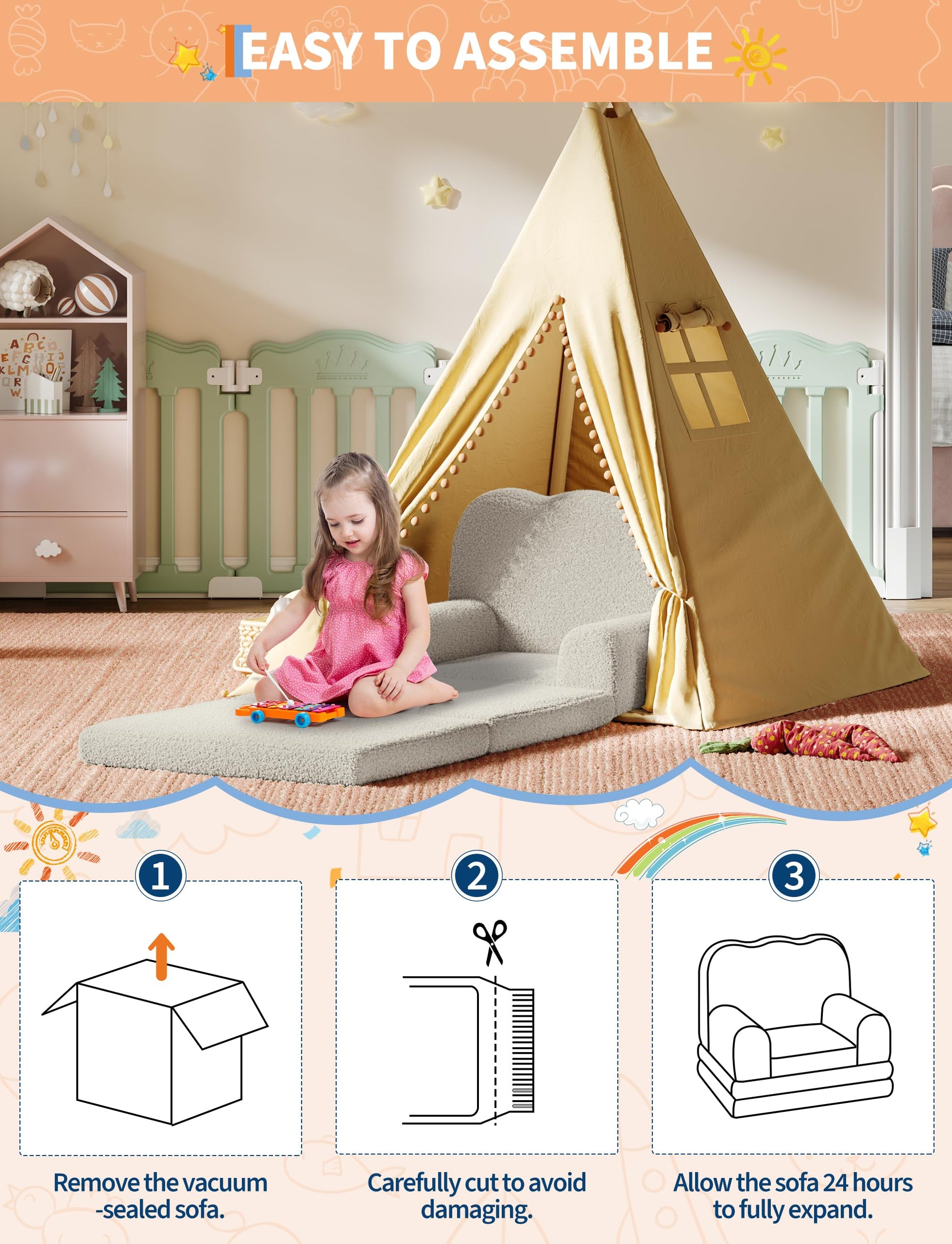Canapé-lit convertible 2 en 1 Garvee pour enfants, avec mousse et revêtement Sherpa doux, blanc ondulé, idéal pour la salle de jeux