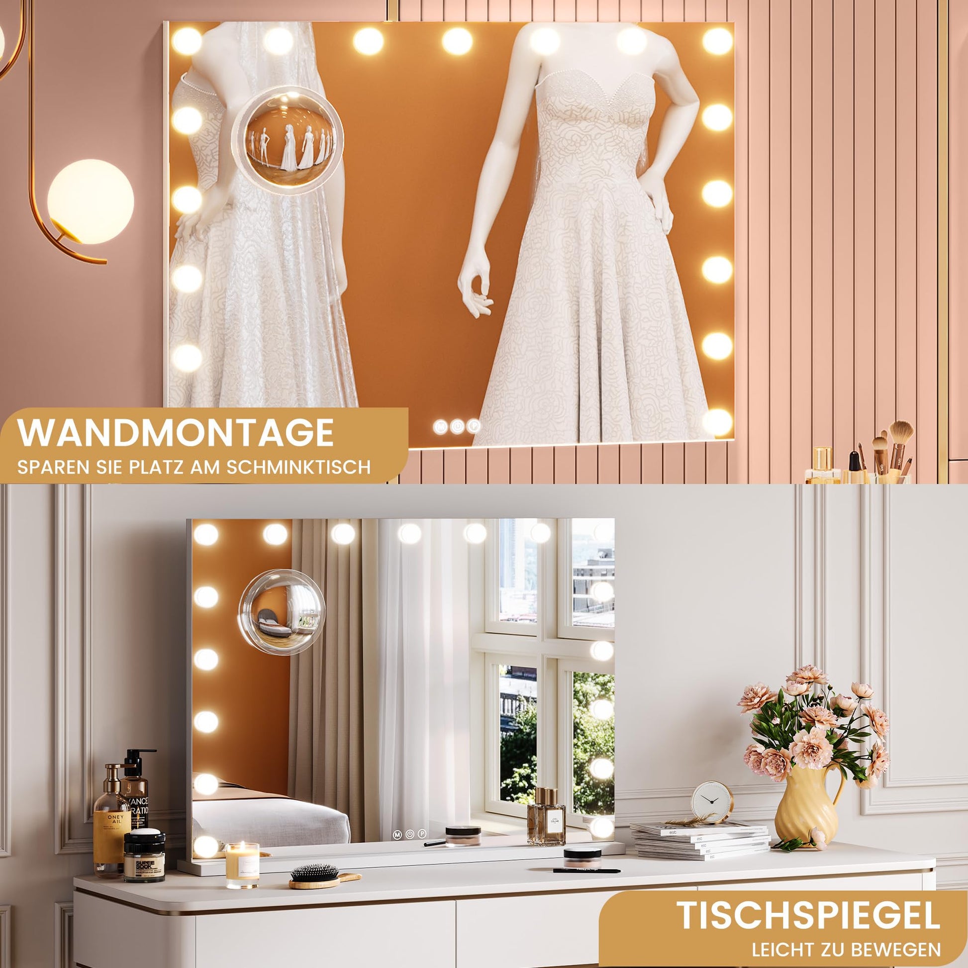 Miroir de maquillage Garvee Hollywood 80 x 60 cm, 17 LED, tactile, blanc, pour maquillage professionnel