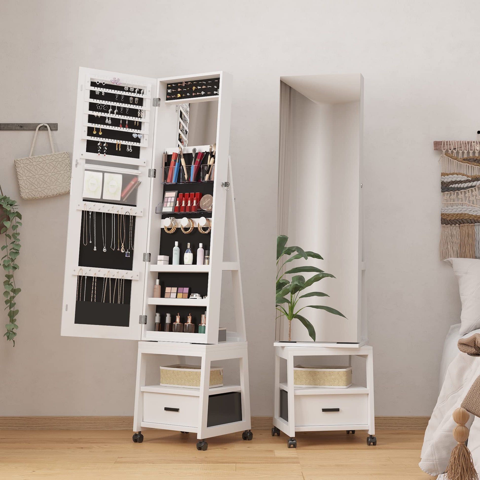 Armoire à bijoux Garvee, miroir de maquillage pivotant à 360°, en bois, verrouillable, sur roulettes, grande capacité, blanc, pour salon ou chambre.