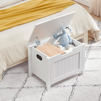 Banc de rangement Garvee avec charnières de sécurité, plateau rabattable de 60 cm, pieds en bois, blanc, pour entrée et salon
