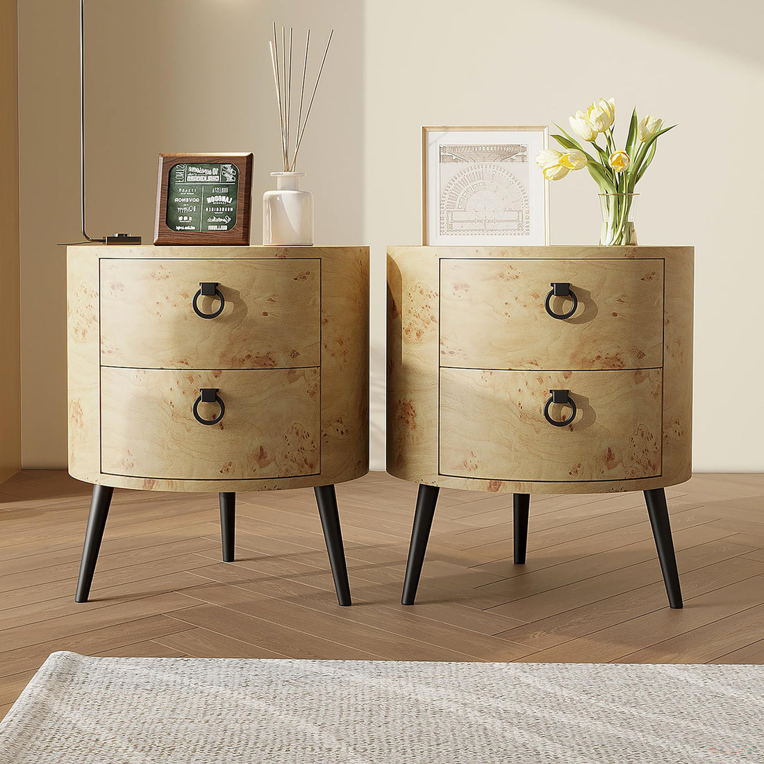 Garvee table d'appoint ronde avec tiroirs, pieds en bois et métal, pour le salon et la chambre, 47 cm de diamètre, bois naturel
