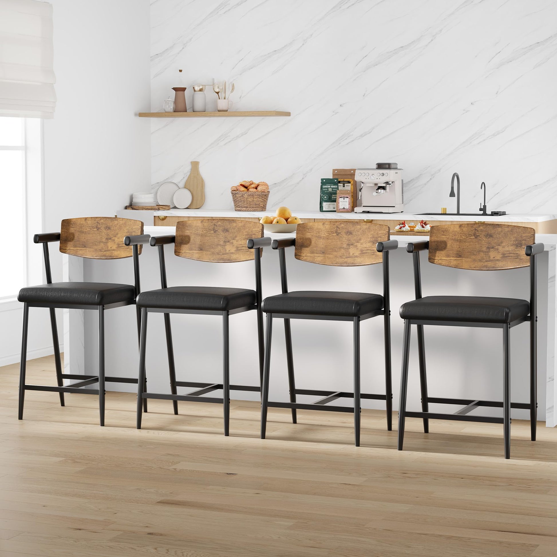 Garvee Tabourets de bar vintage avec dossier et accoudoirs, assise rembourrée, structure métallique robuste, pour cuisine, îlot central et bar