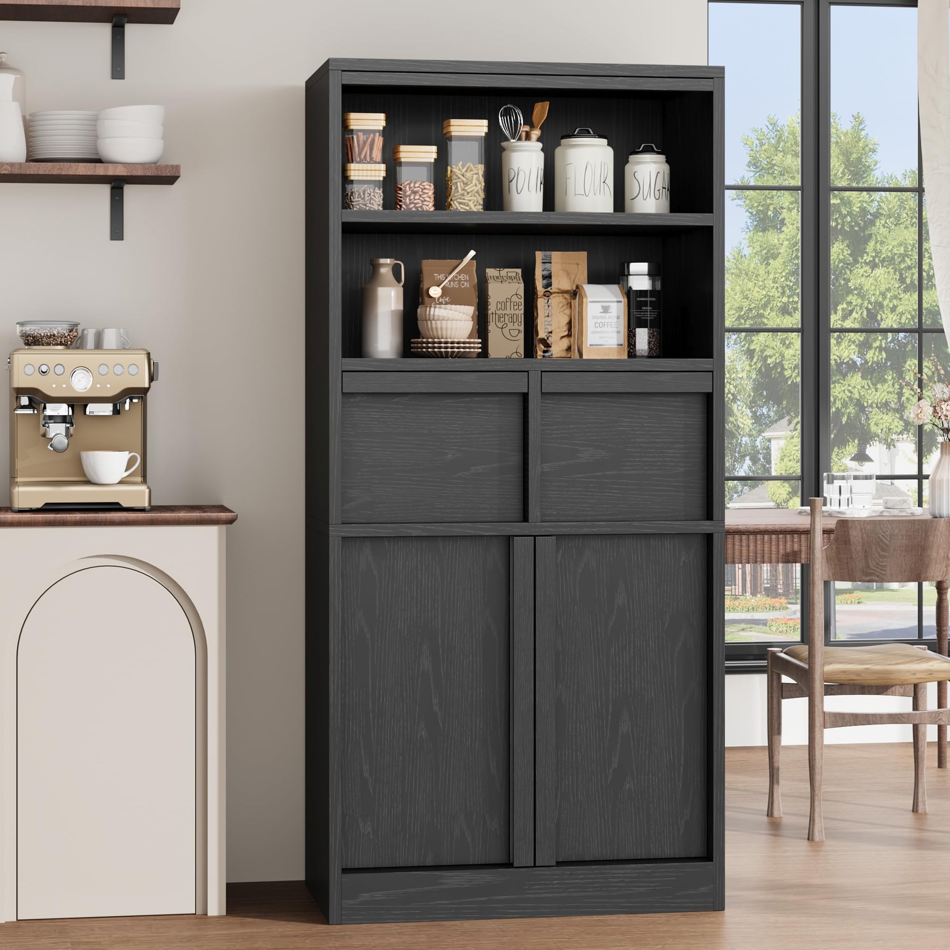 Armoire de salle de bain haute Garvee 130 cm (51 po) avec 2 tiroirs et portes, MDF, imperméable et résistant aux rayures, noir, polyvalente pour la salle de bain et le salon