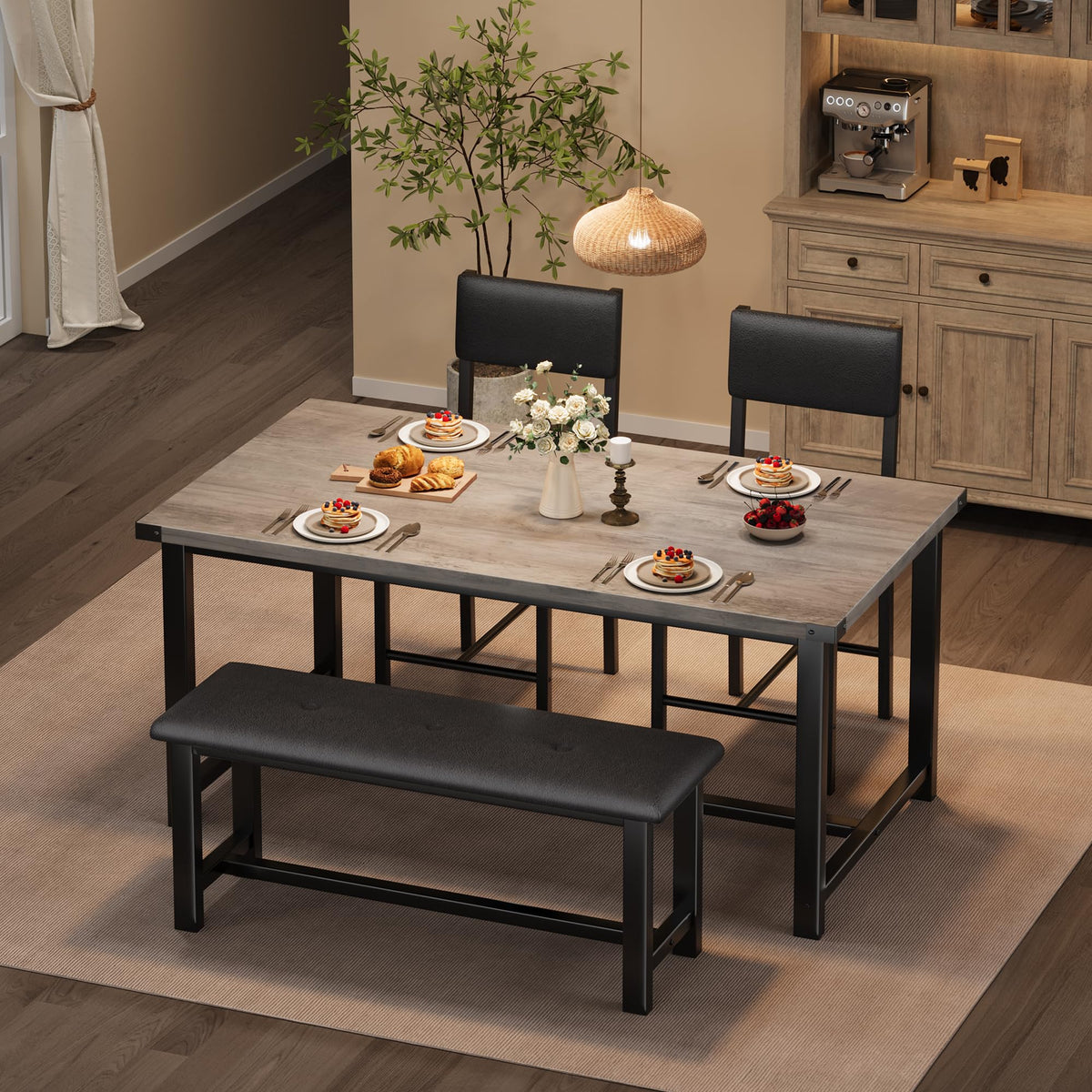 Garvee Ensemble salle à manger 4 personnes avec table, 2 chaises rembourrées et banc, MDF robuste, gain de place, facile à nettoyer, idéal petits appartements.