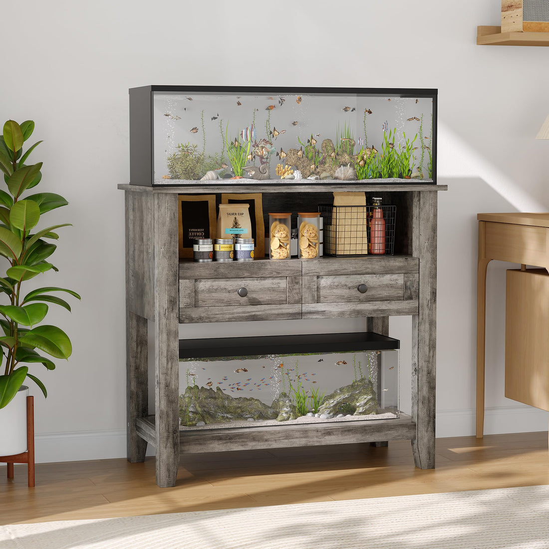 Meuble pour aquarium Garvee 20-29 gallons avec station de charge, tiroirs magnétiques, pour salon, 80 x 40 x 78 cm, en bois, protection anti-basculement