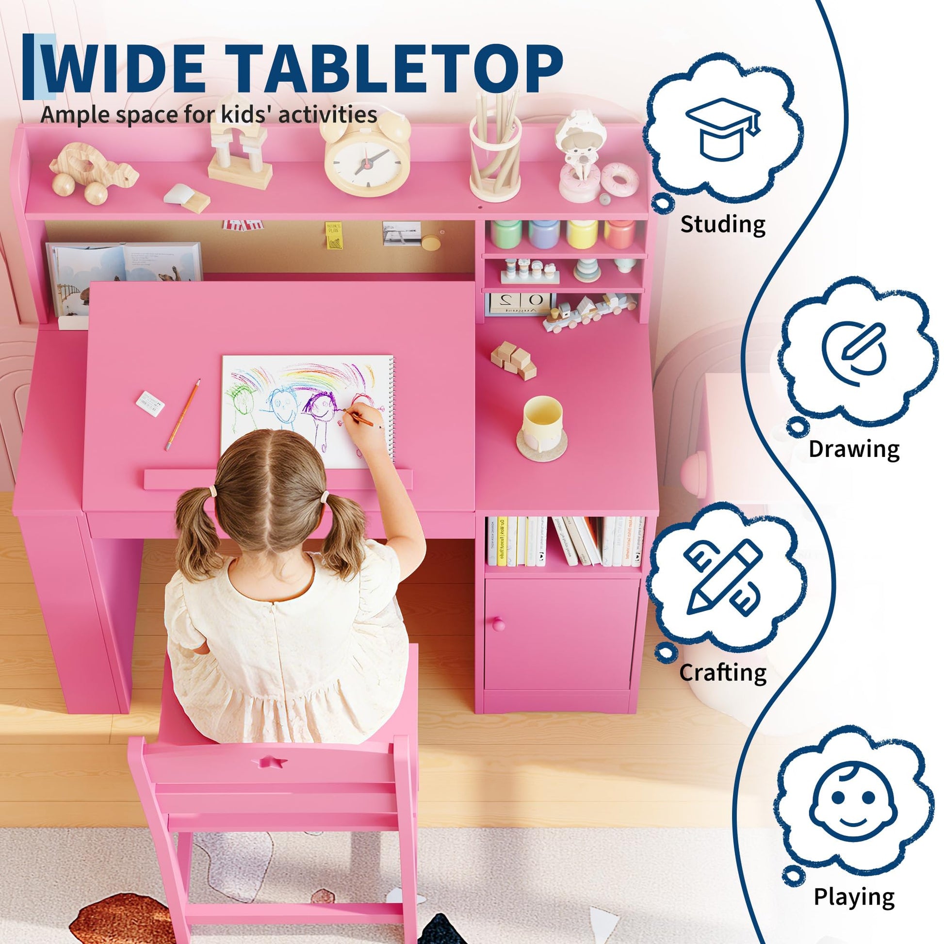 Garvee Bureau enfant ergonomique rose avec chaise, plateau inclinable et meuble de rangement, idéal pour étude, devoirs et activités créatives