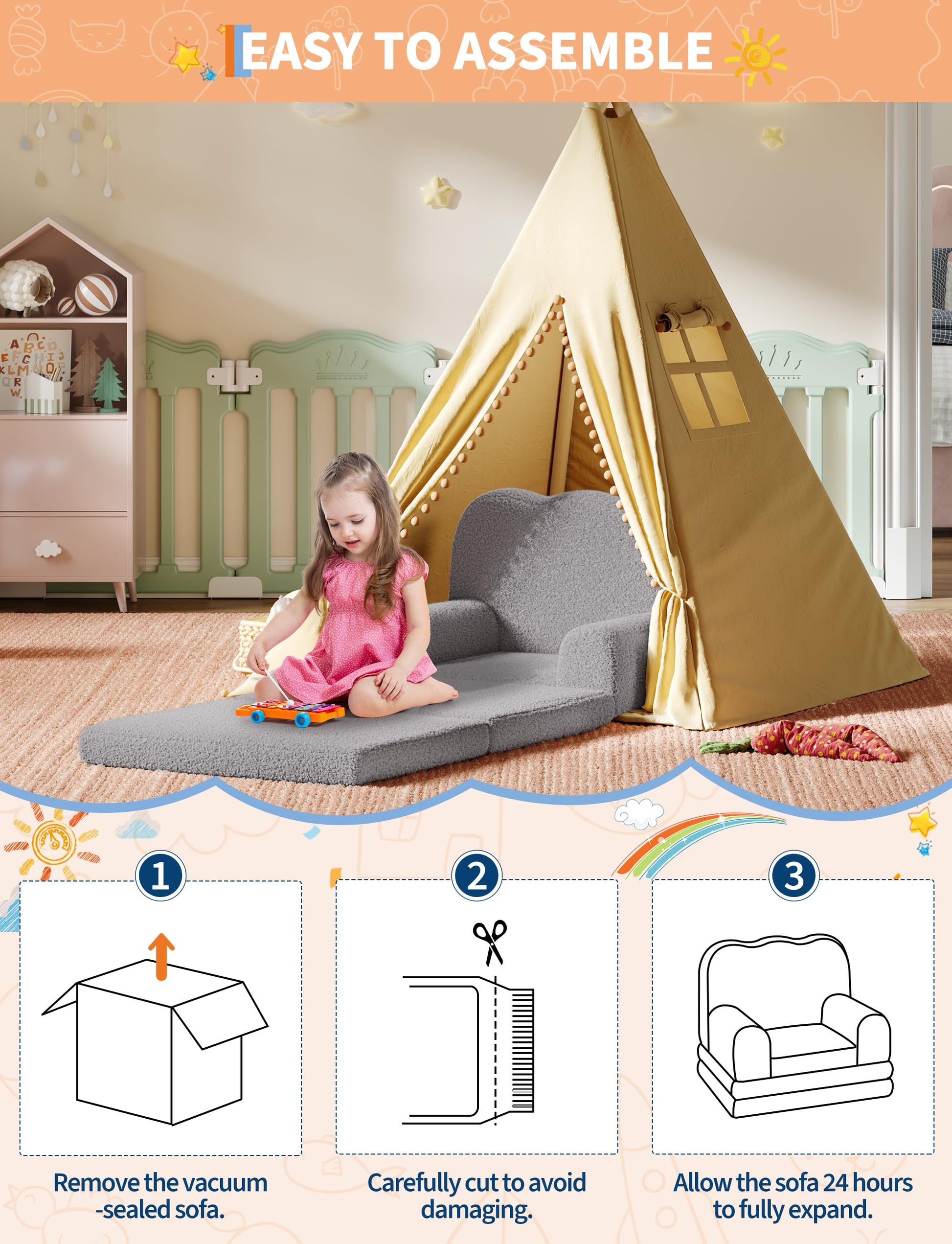 Canapé enfant 2 en 1 Garvee en tissu polaire gris effet peluche, pliable et polyvalent, idéal pour la salle de jeux et la chambre d'enfant.