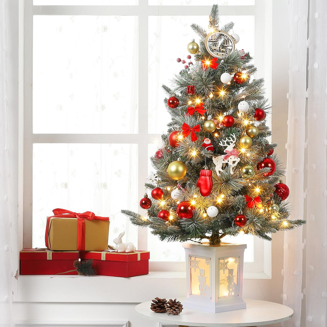 Sapin de Noël artificiel Garvee, 1 pièce – 90 cm, 78 LED (blanc chaud), 8 modes d'éclairage, socle bonhomme de neige, fibre optique, effet givré