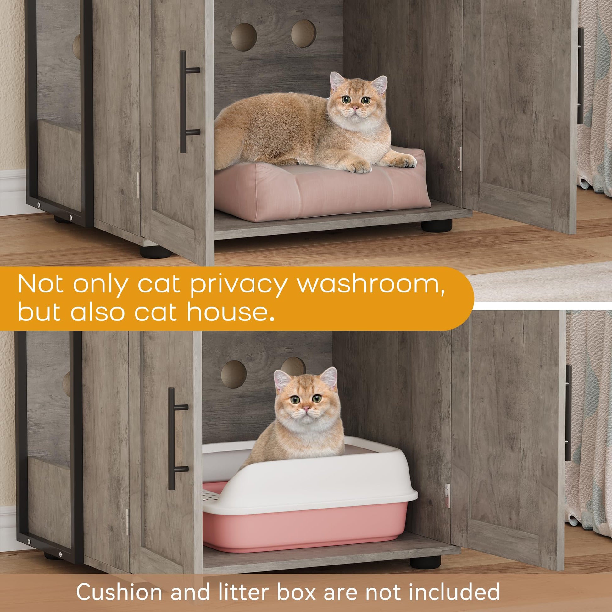 Meuble pour litière Garvee avec étagères de rangement, meuble 2 en 1 pour chat, MDF et fer, gris, pour usage intérieur, 3 étagères, robuste et sans odeur