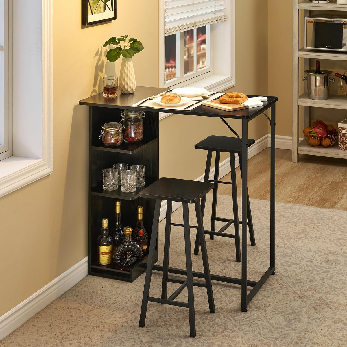 Ensemble table et chaises de salle à manger Garvee 36 po avec rangement, robuste et ergonomique, MDF et acier, noir, pour appartements et cuisines
