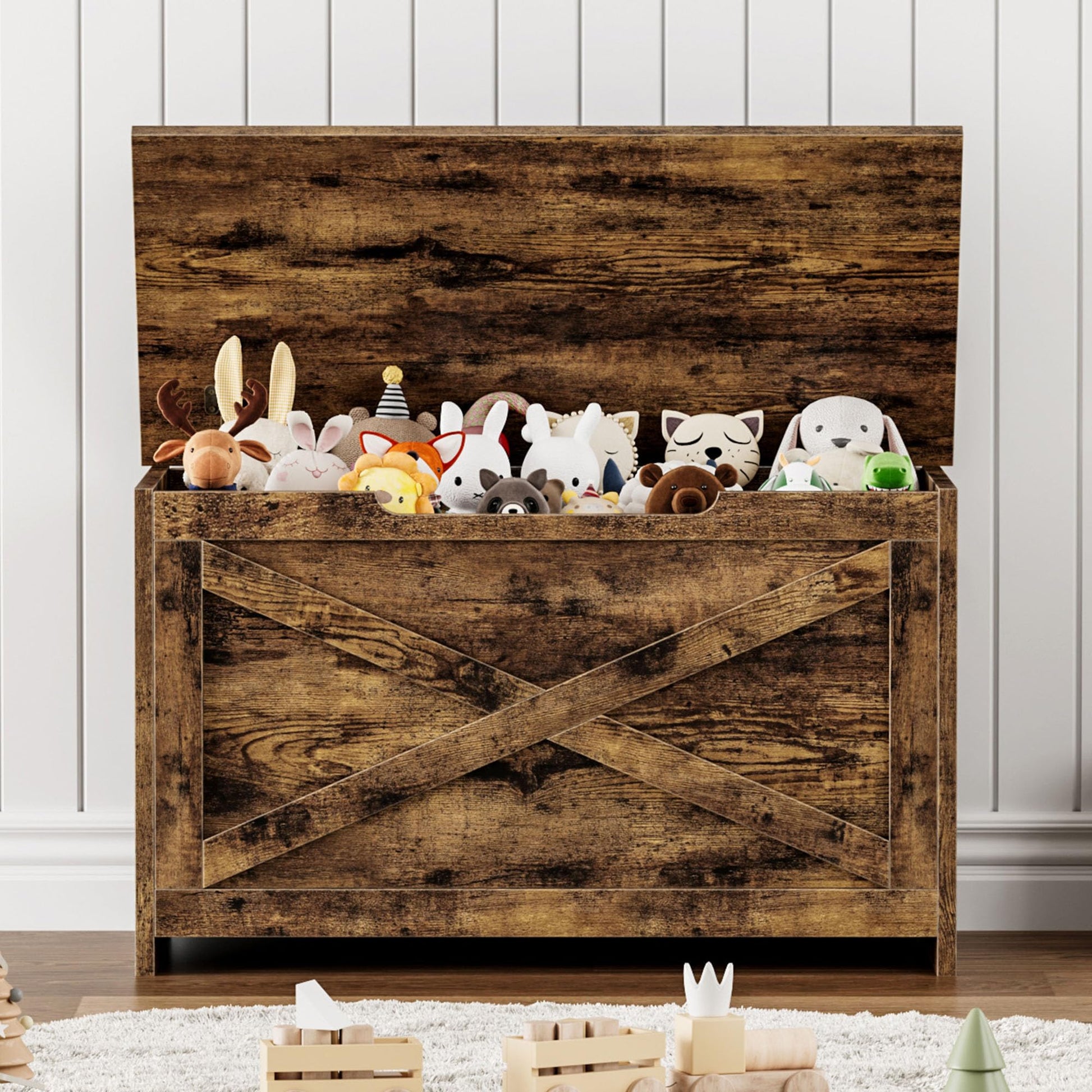 Banc de rangement en bois Garvee de 76 cm (30 pouces) avec charnières de sécurité, grande capacité pour le salon et la chambre, robuste et polyvalent, marron