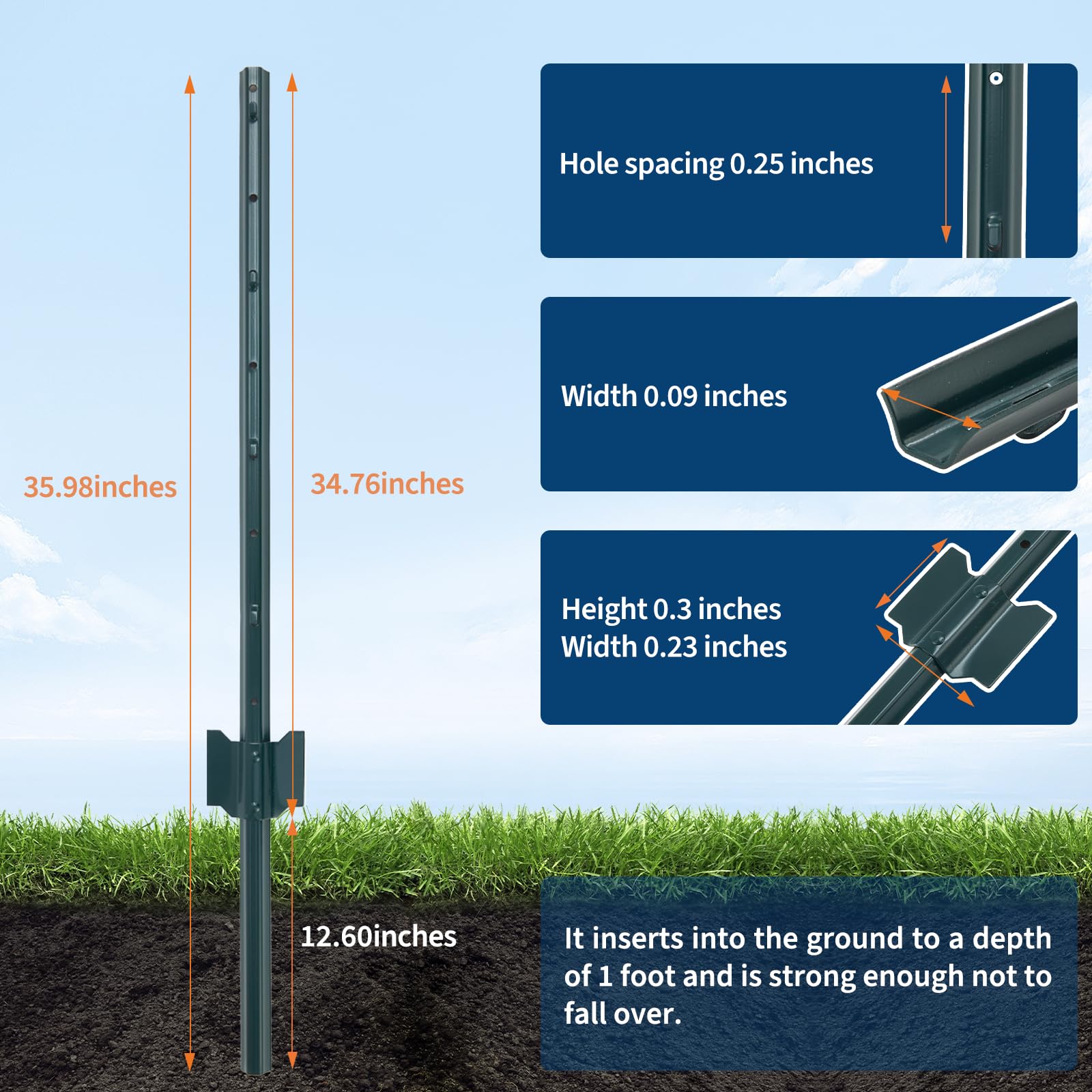 Ensemble de 10 poteaux de clôture de jardin en acier Garvee de 90 cm (3 pi) avec ancrages d'angle en U, revêtement en poudre, robustes et polyvalents, portail de jardin