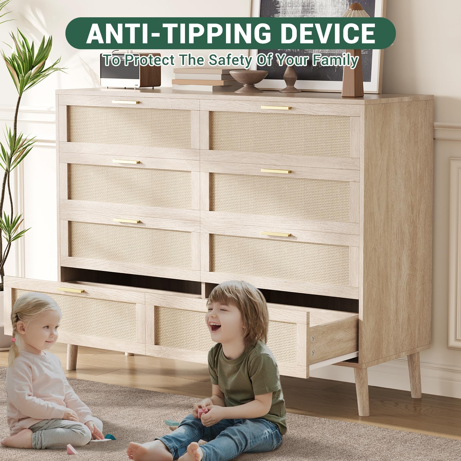 Commode Garvee en rotin à 8 tiroirs, spacieuse et robuste, pour chambre et entrée, coloris naturels