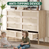 Commode Garvee en rotin à 8 tiroirs, spacieuse et robuste, pour chambre et entrée, coloris naturels