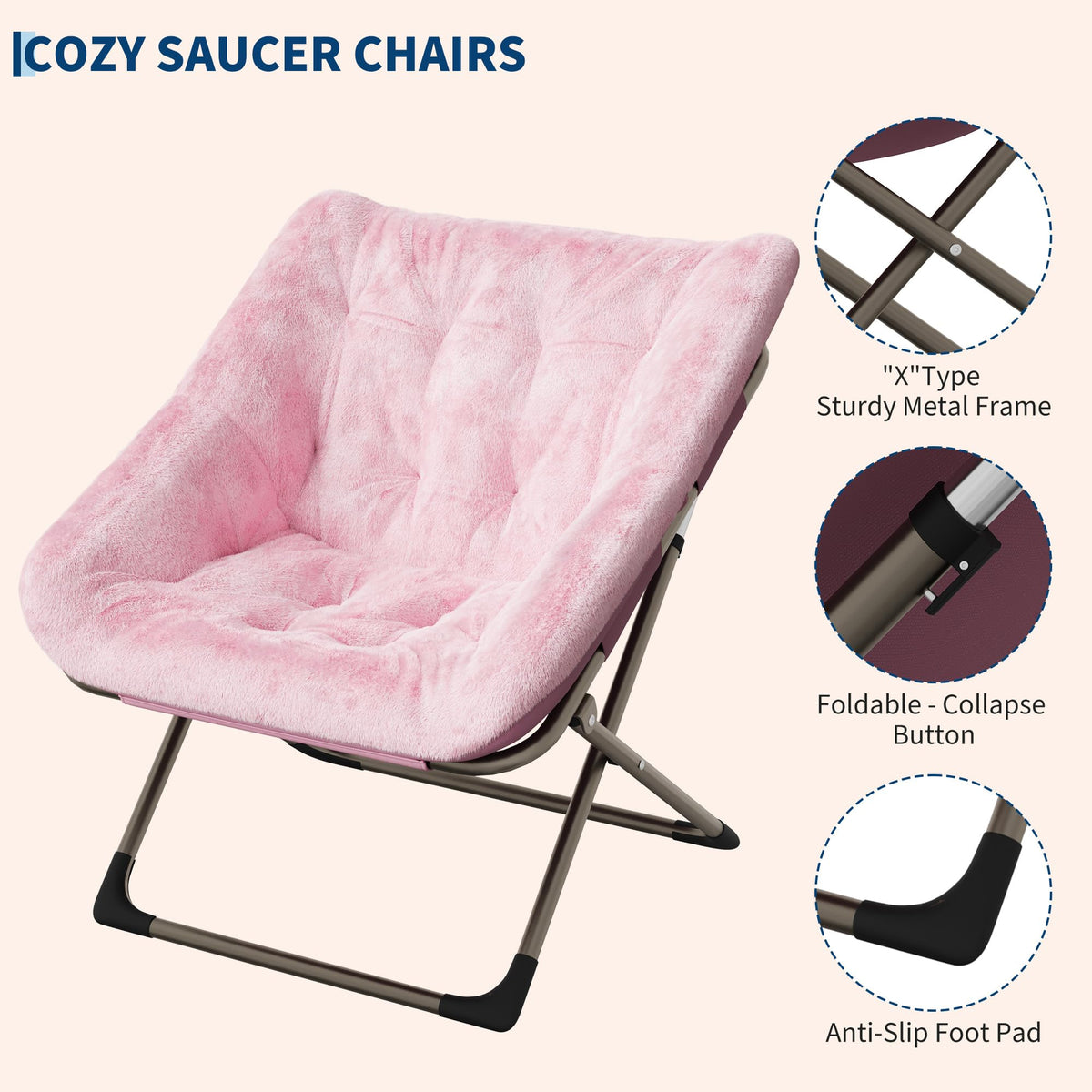 Garvee Fauteuil saucer pliable adulte en fausse fourrure, structure métallique, capacité 136 kg, idéal chambre et appartement, rose