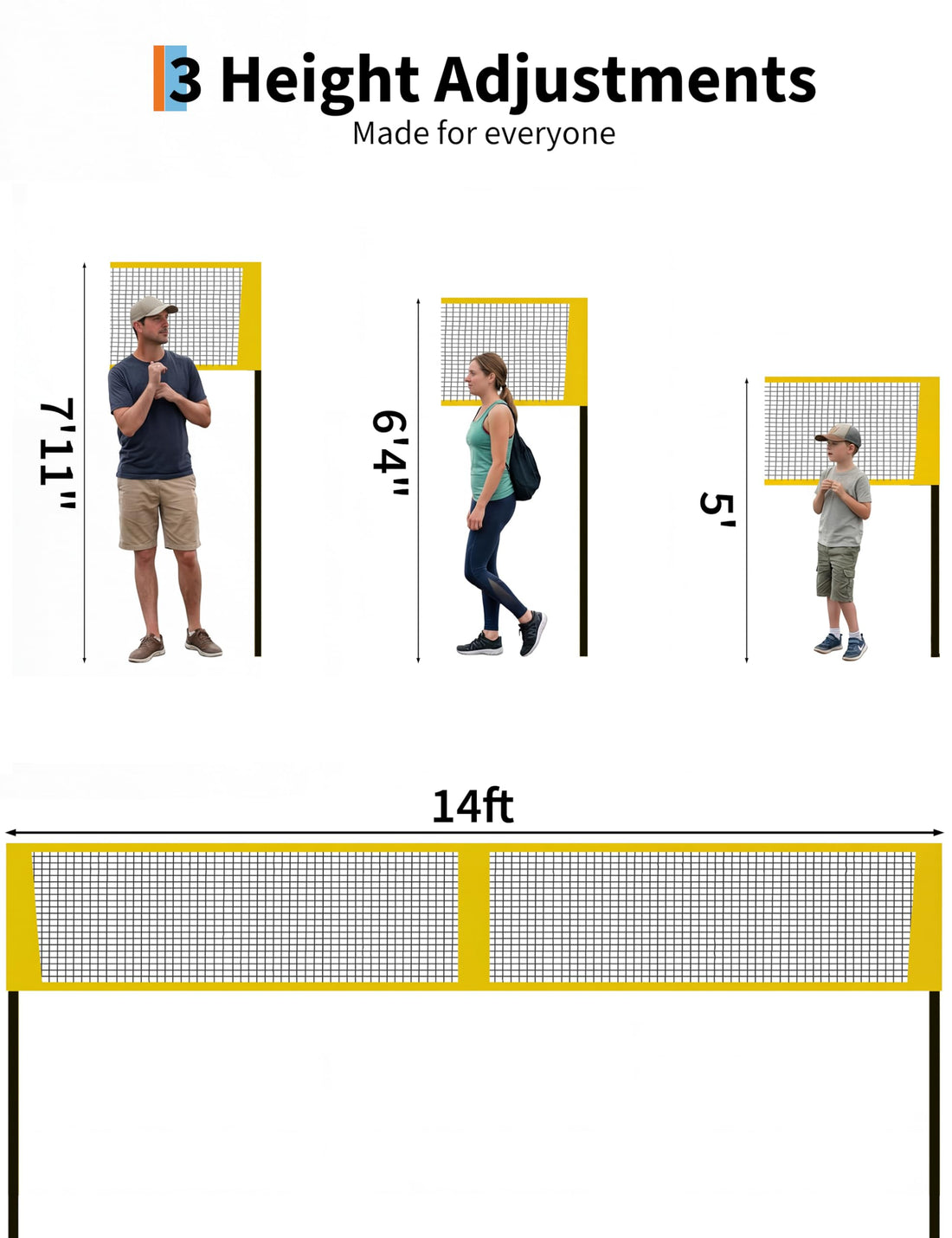 Ensemble de volley-ball Garvee 4 carrés avec filet de 4,27 m (14 pi) à 4 directions, 3 hauteurs réglables, filet en PE et poteaux en fer pour des moments de plaisir en famille en plein air, sac de transport inclus